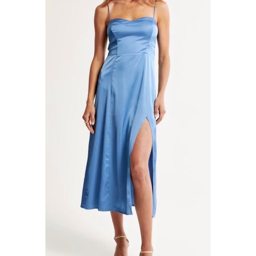 Abercrombie & Fitch Satin High Slit Midi Dress Blue XS Date Night Wedding Guest